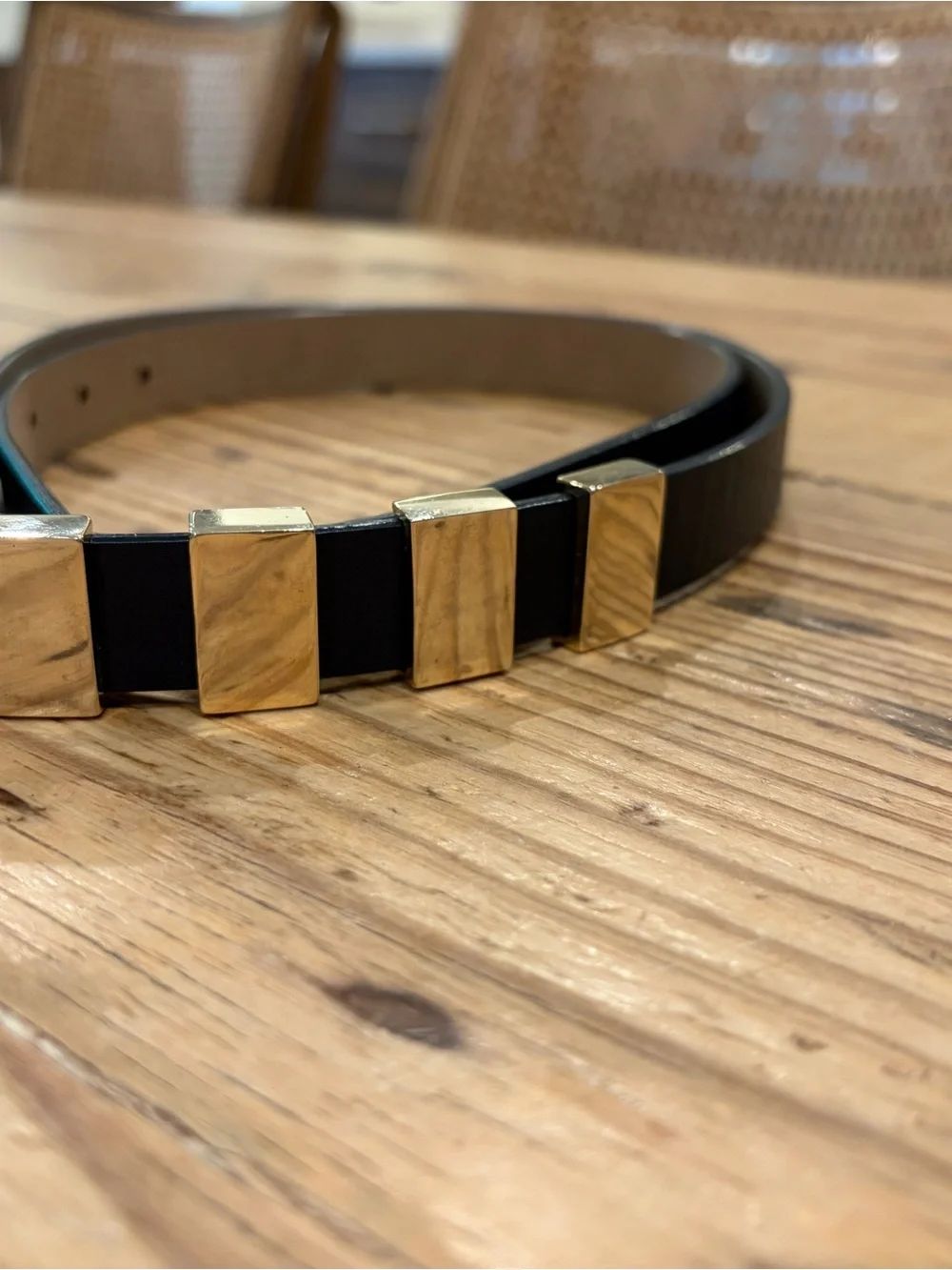 Black Leather Belt with Gold Rectangular Accents
